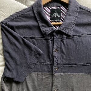 prAna Men's SS Full Button Collared Shirt Two-Tone Gray 100% Cotton Size Medium